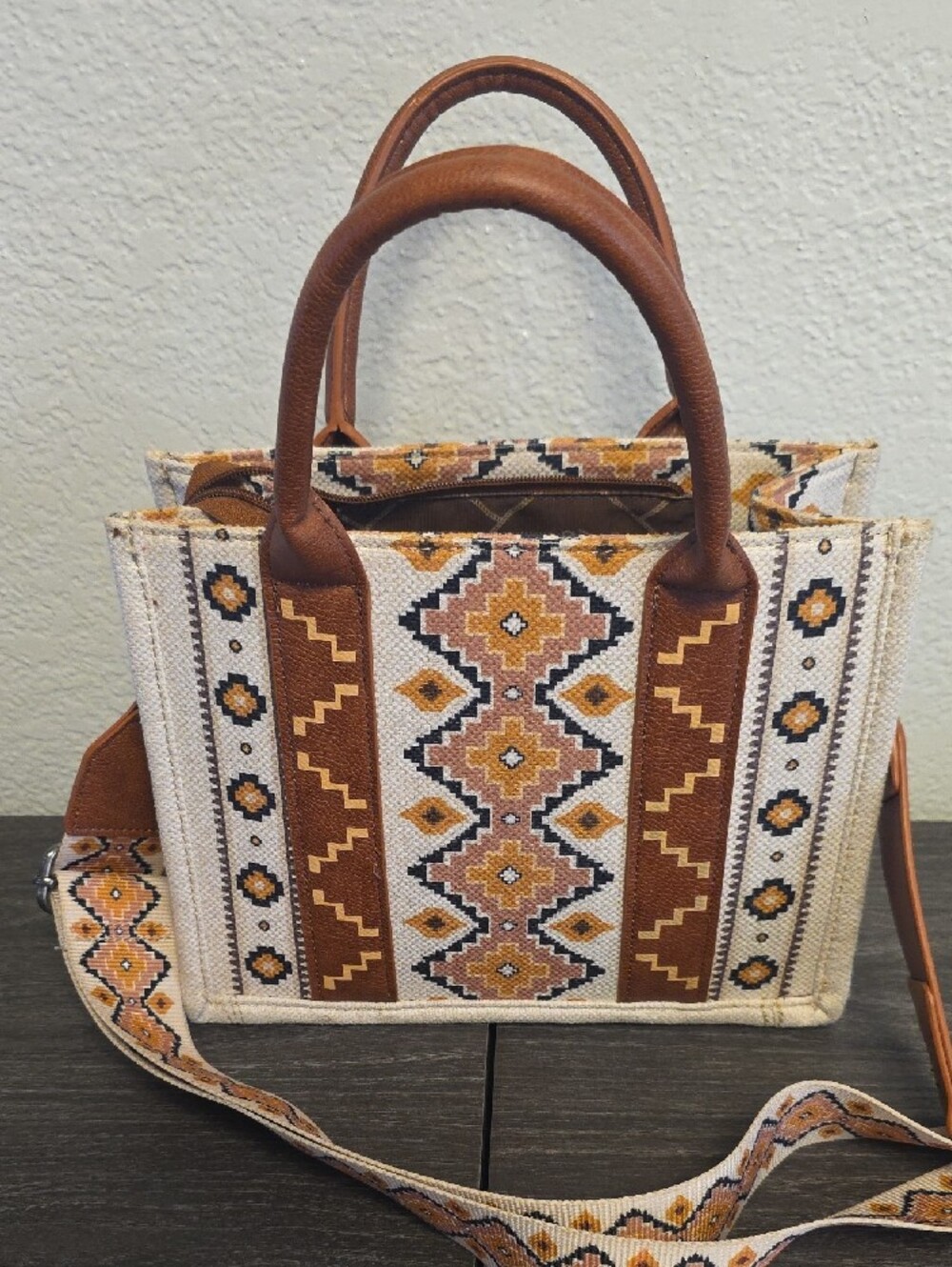 Wrangler Tan, Brown & Cream Geometric Mini Tote - Picture 5 of 5